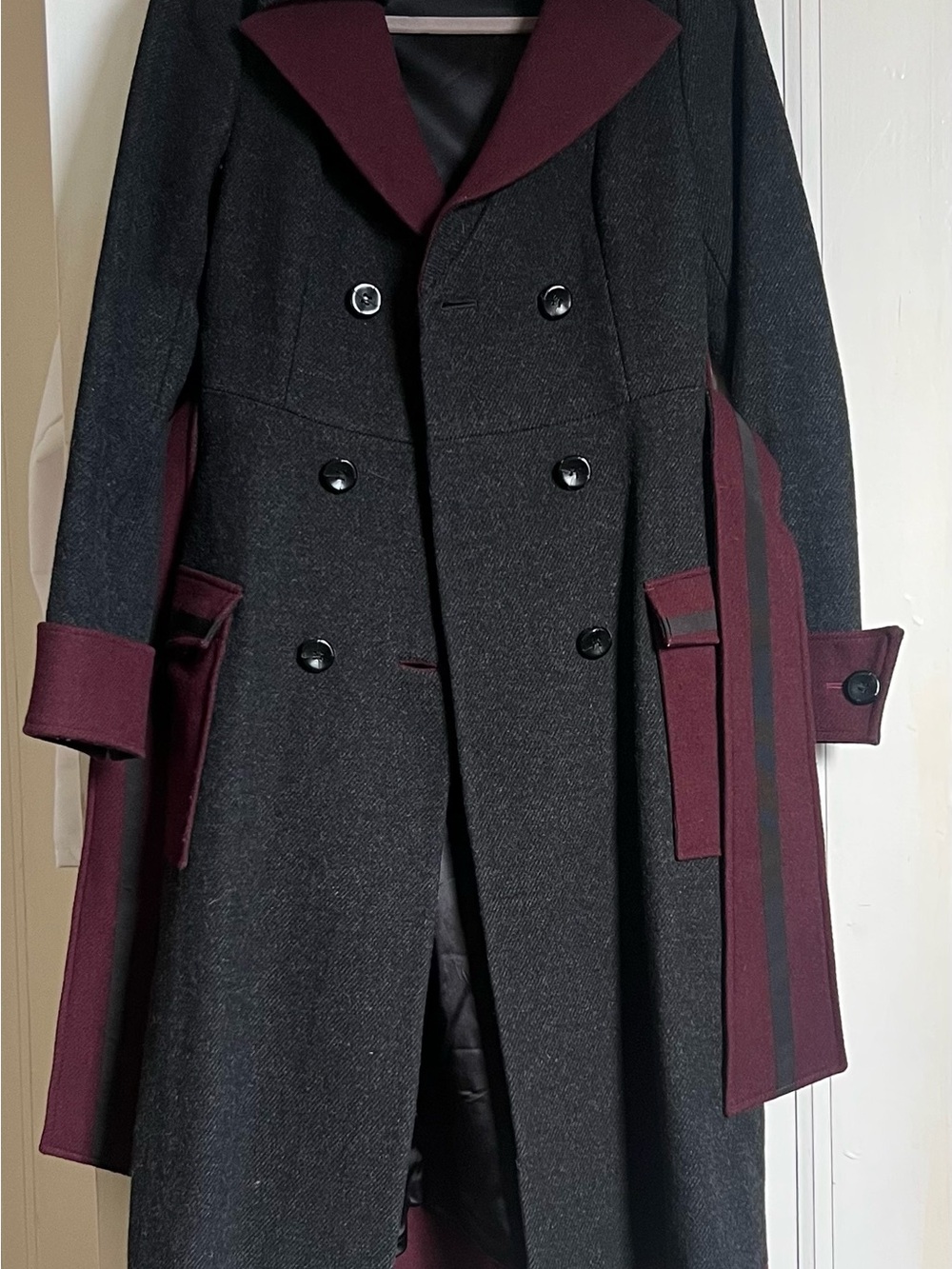 Diane Von Furstenberg Double-Breasted Charcoal Coat with Burgundy Accents